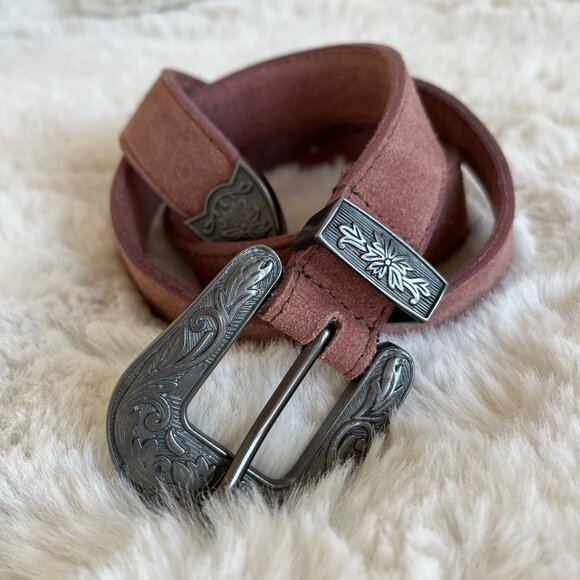 Free People Wildwood Suede Leather Western Etched Buckle Belt XS/S - Picture 2 of 16